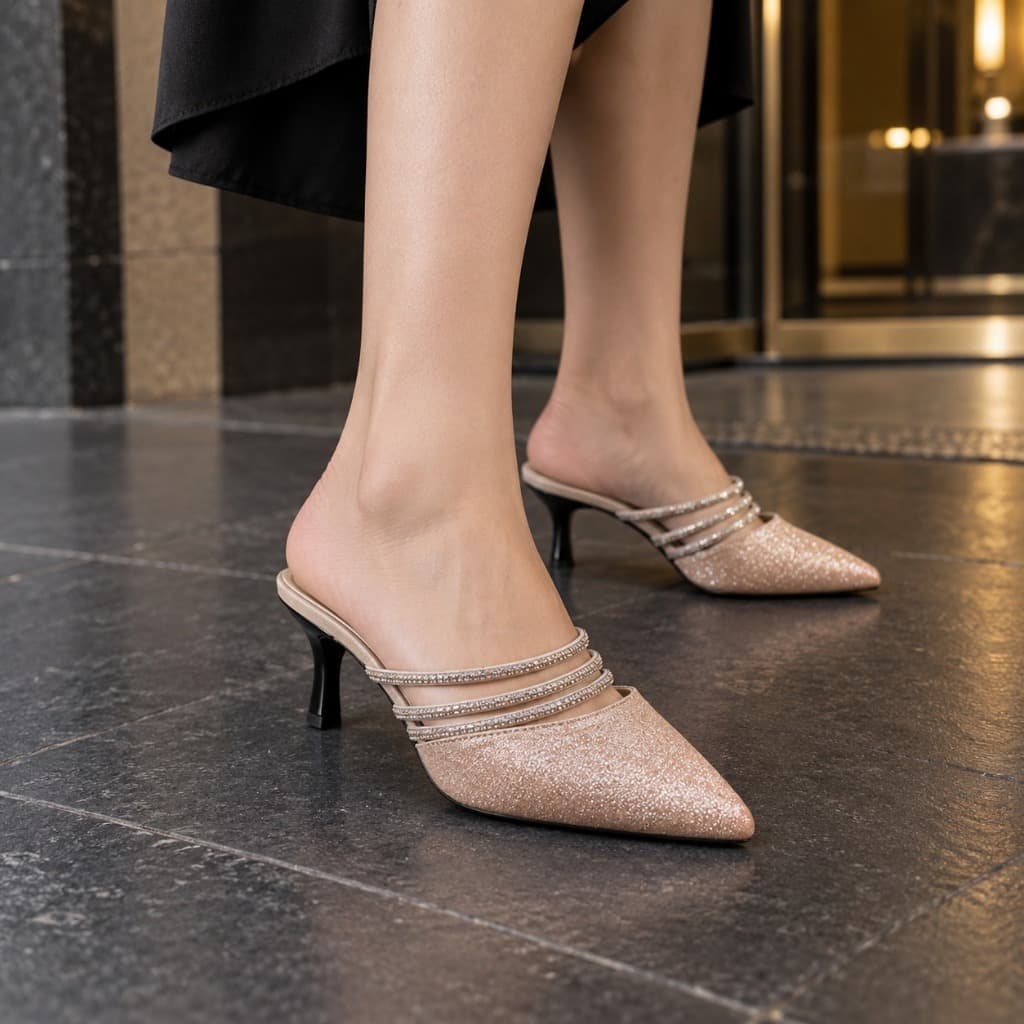 Gambar ke-10 produk Pollux Aurora Lite WPOAV 32 - Sandal Heels Wanita Mule Strap Glitter Elegan Tinggi 5cm