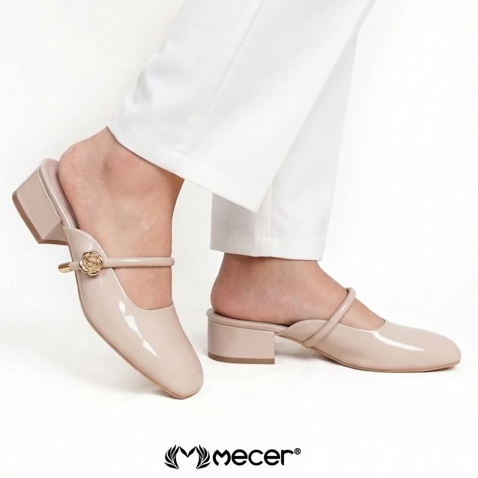 Thumbnail gambar ke-2 produk Mecer Monday WYH 1808-A10 - Sepatu Heels Wanita Mules Glossy Elegan – Sandal Pantofel Slip On Low He