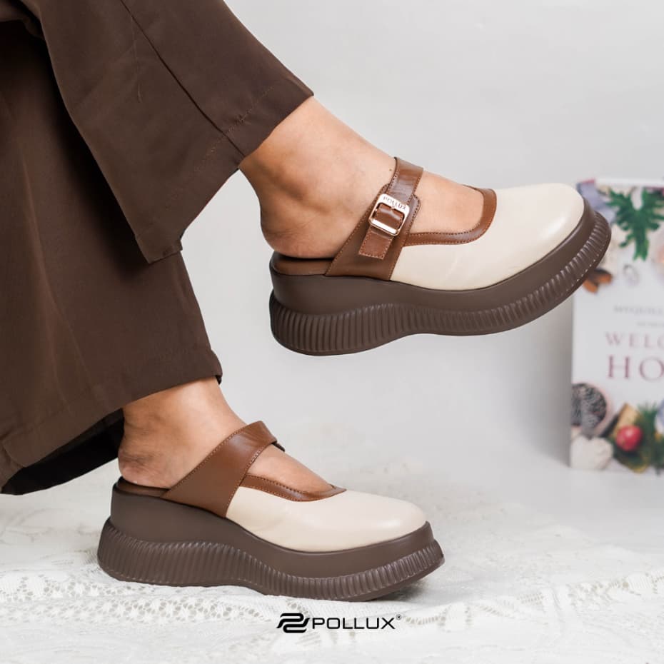 Gambar ke-1 produk Pollux Bold WPOKY 44 - Sandal Wedges Wanita Slip On Model Korean Style Bahan Kulit Asli