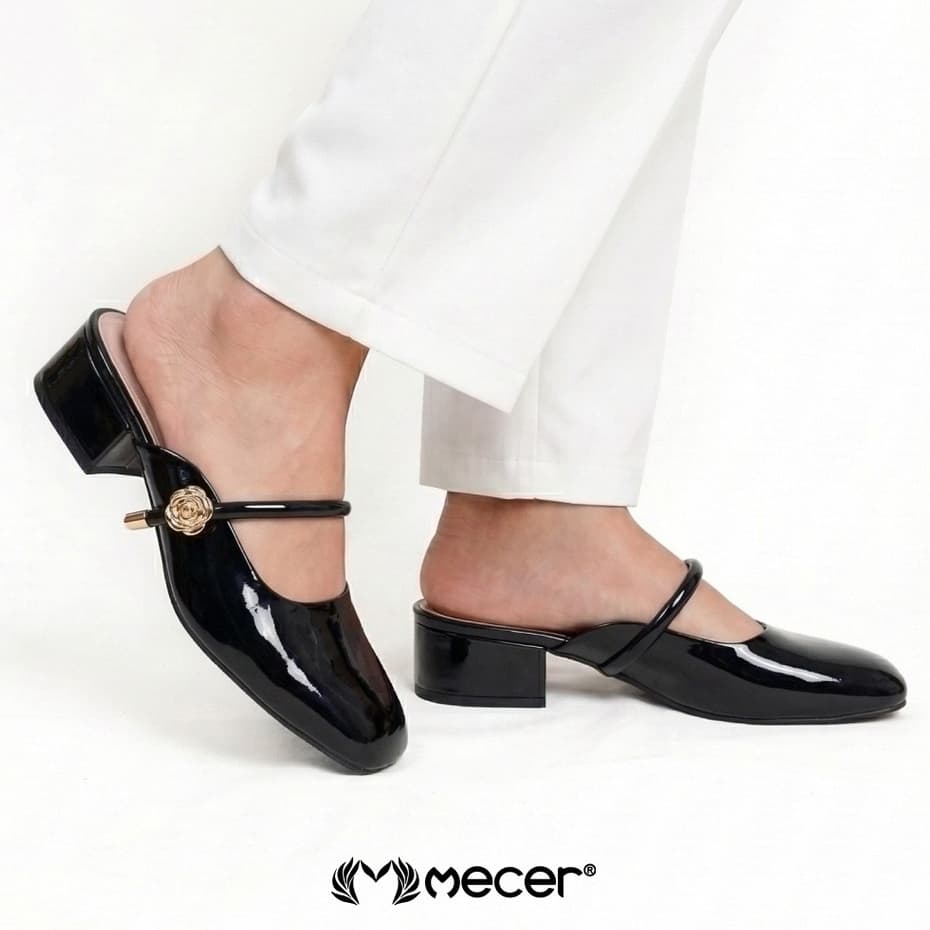 Gambar ke-8 produk Mecer Monday WYH 1808-A10 - Sepatu Heels Wanita Mules Glossy Elegan – Sandal Pantofel Slip On Low He