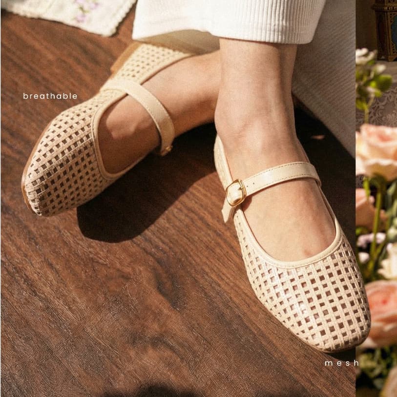 Gambar produk Mecer Core WWH 2217-A25 Krem, Putih Tulang dan Hitam Size 36-41, Flat Shoes Wanita Kekinian Pattern Anyam, Casual, Formal dan Infromal