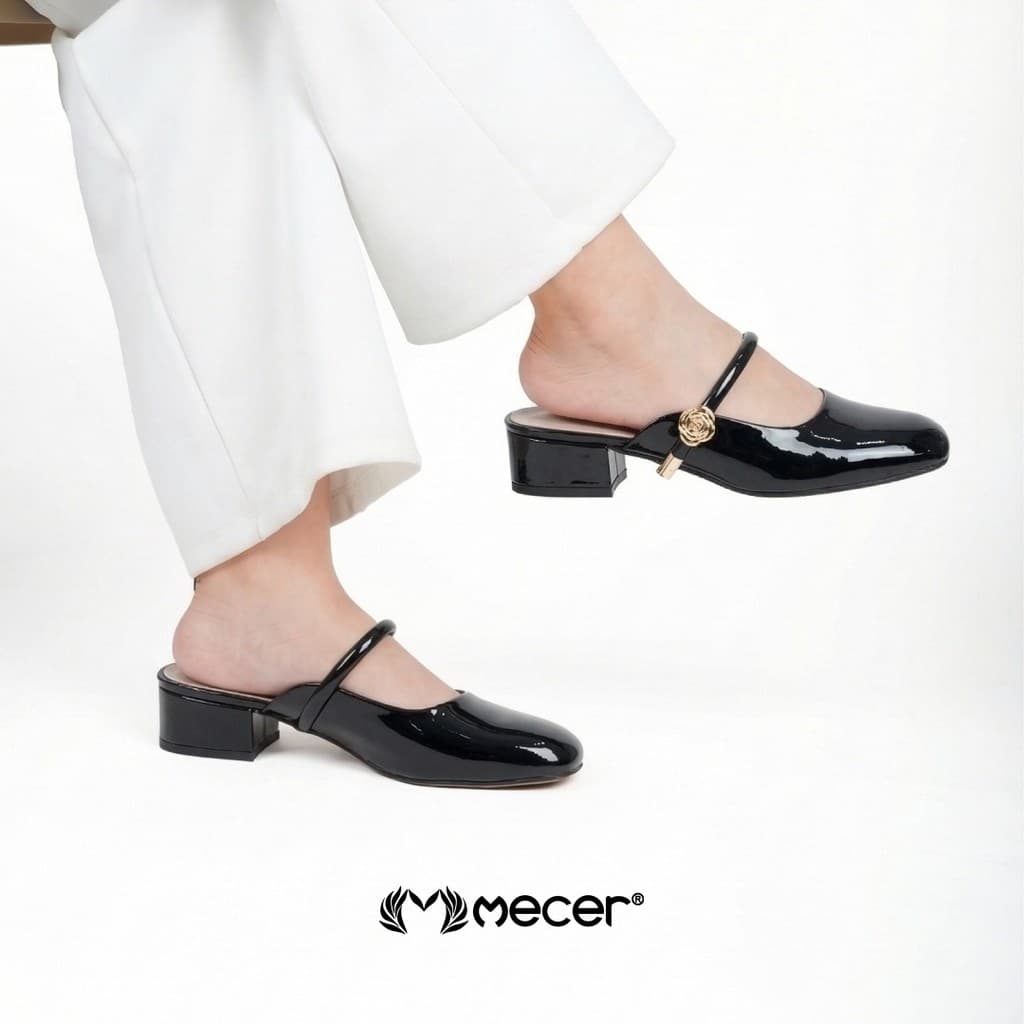 Thumbnail gambar ke-5 produk Mecer Monday WYH 1808-A10 - Sepatu Heels Wanita Mules Glossy Elegan – Sandal Pantofel Slip On Low He