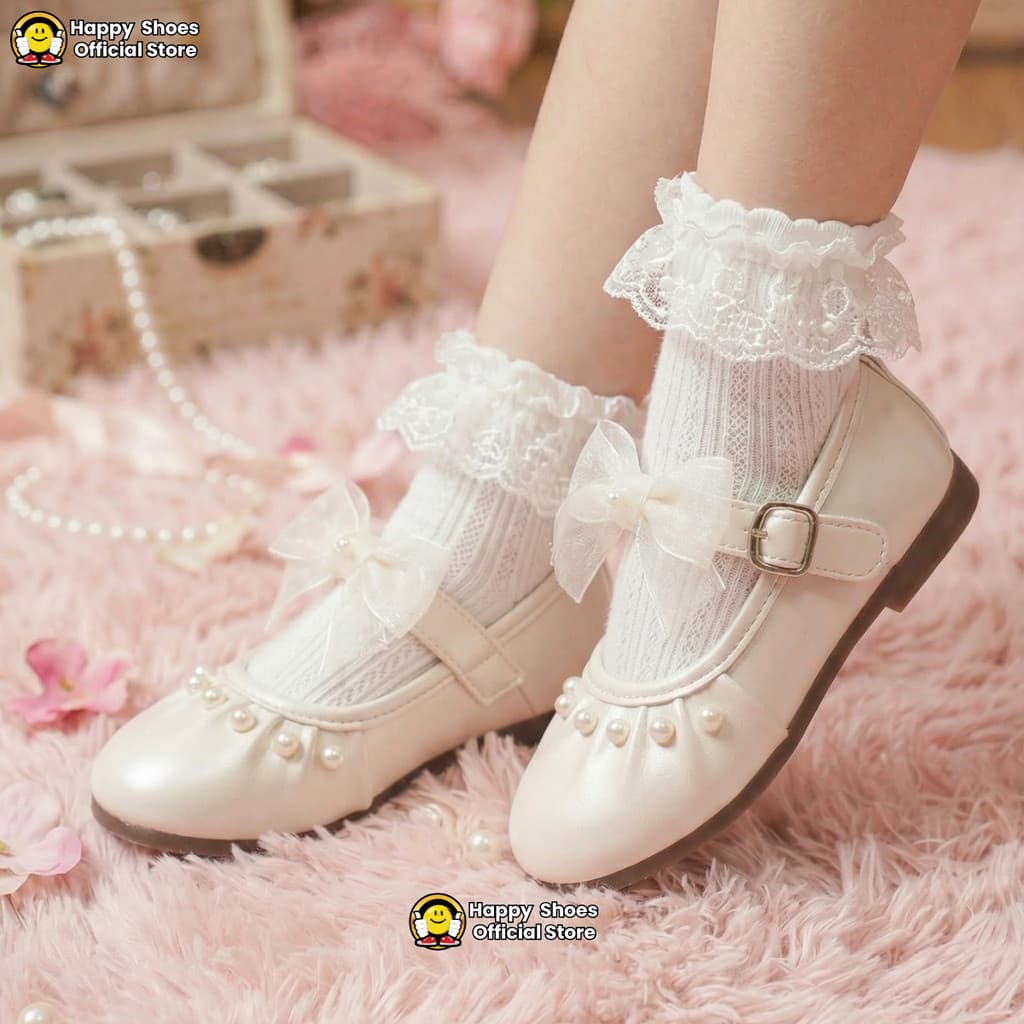 Gambar produk Mecer Kids ARHYL 022 - Sepatu Anak Perempuan Mary Jane Elegan – Putih Mutiara dengan Pita & Lace