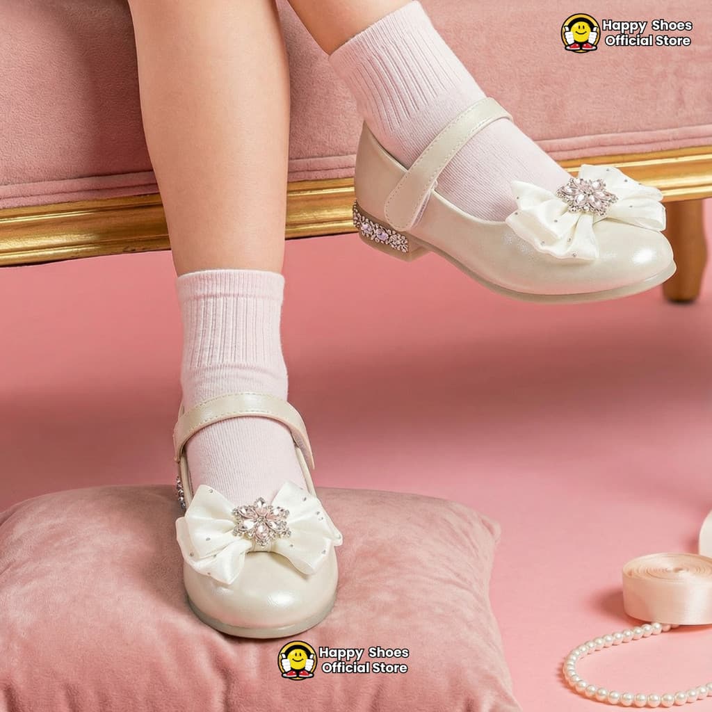 Gambar produk Mecer Kids ARHT 082 - Sepatu Anak Perempuan Mary Jane Elegan – Putih Mutiara dengan Pita & Lace, Nya