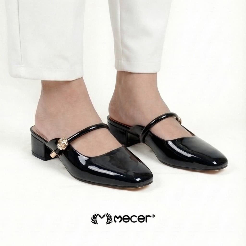 Thumbnail gambar ke-4 produk Mecer Monday WYH 1808-A10 - Sepatu Heels Wanita Mules Glossy Elegan – Sandal Pantofel Slip On Low He
