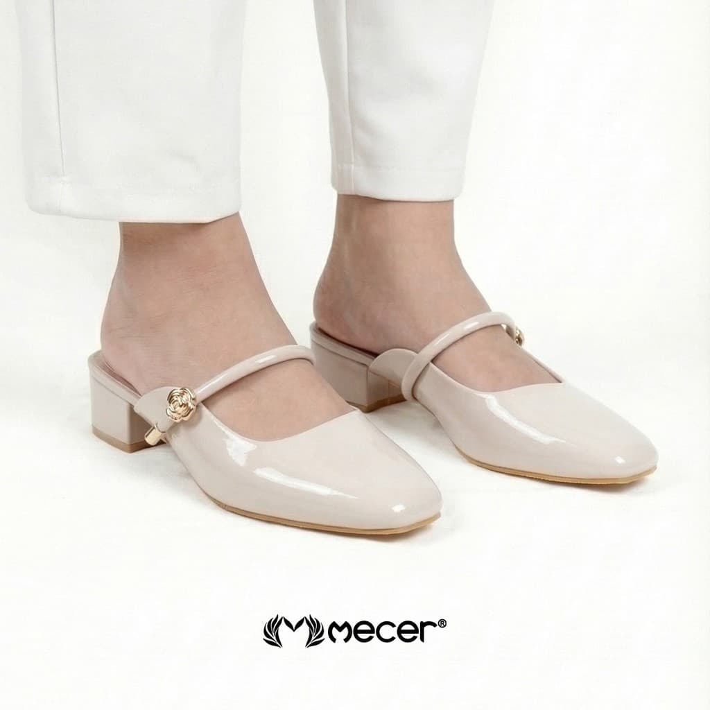 Thumbnail gambar ke-6 produk Mecer Monday WYH 1808-A10 - Sepatu Heels Wanita Mules Glossy Elegan – Sandal Pantofel Slip On Low He