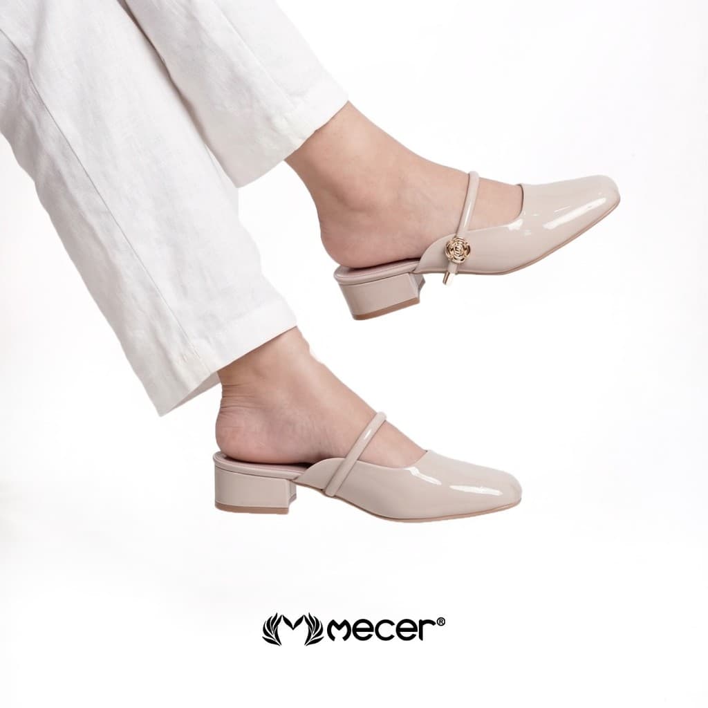 Thumbnail gambar ke-7 produk Mecer Monday WYH 1808-A10 - Sepatu Heels Wanita Mules Glossy Elegan – Sandal Pantofel Slip On Low He