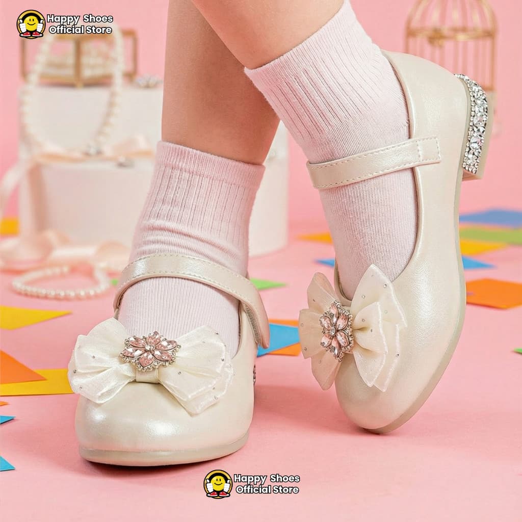 Gambar ke-6 produk Mecer Kids ARHT 082 - Sepatu Anak Perempuan Mary Jane Elegan – Putih Mutiara dengan Pita & Lace, Nya