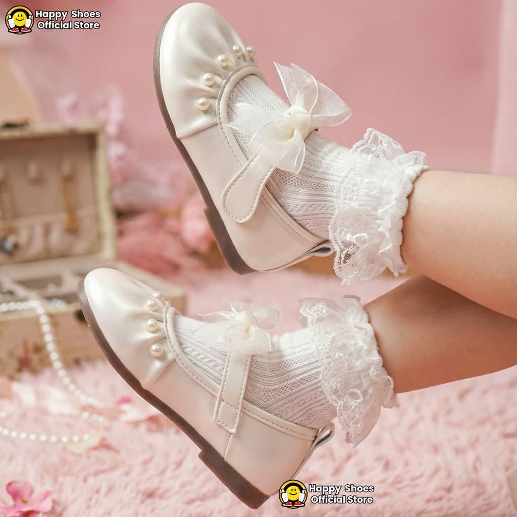 Thumbnail gambar ke-2 produk Mecer Kids ARHYL 022 - Sepatu Anak Perempuan Mary Jane Elegan – Putih Mutiara dengan Pita & Lace