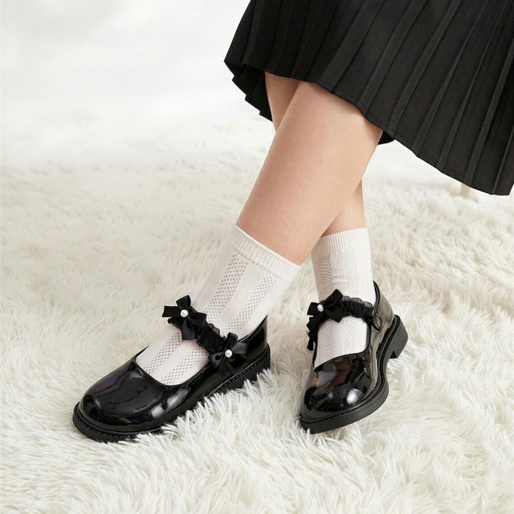 Gambar ke-6 produk Mecer Kids ARH B21- Sepatu Anak Perempuan Mary Jane Elegan – Putih Mutiara dengan Pita & Lace, Nyama