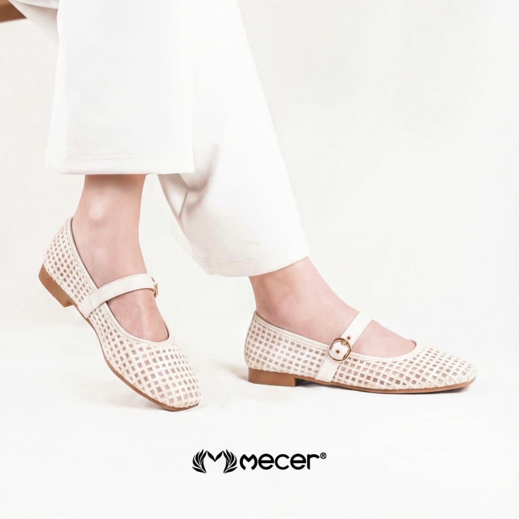 Thumbnail gambar ke-11 produk Mecer Core WWH 2217-A25 Krem, Putih Tulang dan Hitam Size 36-41, Flat Shoes Wanita Kekinian Pattern Anyam, Casual, Formal dan Infromal