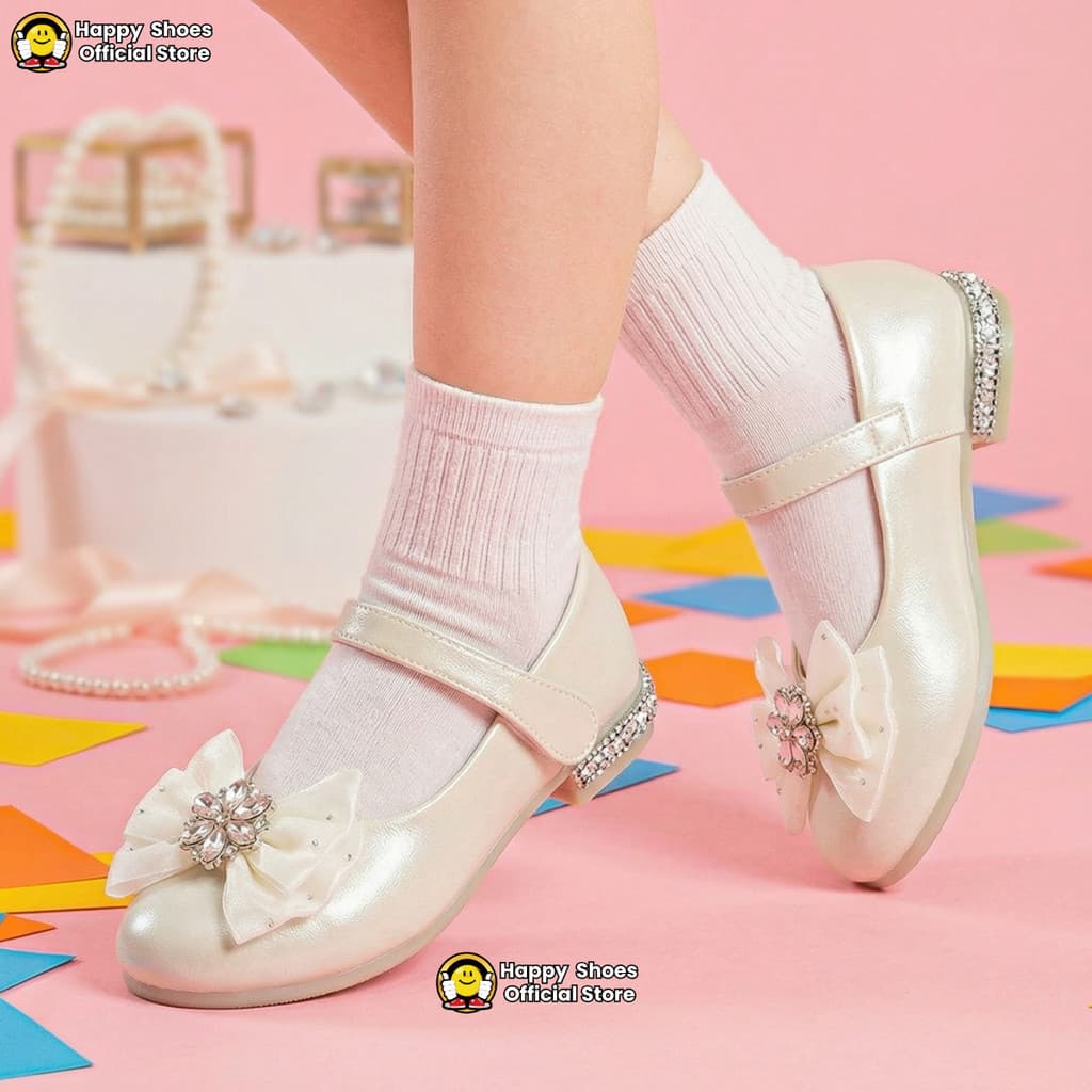 Gambar ke-6 produk Mecer Kids ARHT 082 - Sepatu Anak Perempuan Mary Jane Elegan – Putih Mutiara dengan Pita & Lace, Nya