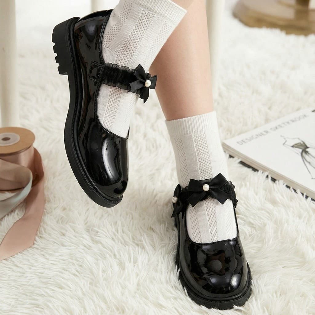 Gambar ke-6 produk Mecer Kids ARH B21- Sepatu Anak Perempuan Mary Jane Elegan – Putih Mutiara dengan Pita & Lace, Nyama