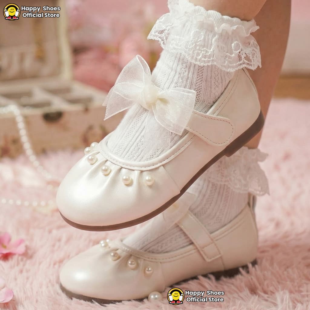 Thumbnail gambar ke-4 produk Mecer Kids ARHYL 022 - Sepatu Anak Perempuan Mary Jane Elegan – Putih Mutiara dengan Pita & Lace