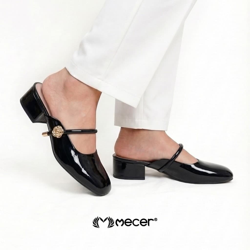 Thumbnail gambar ke-9 produk Mecer Monday WYH 1808-A10 - Sepatu Heels Wanita Mules Glossy Elegan – Sandal Pantofel Slip On Low He