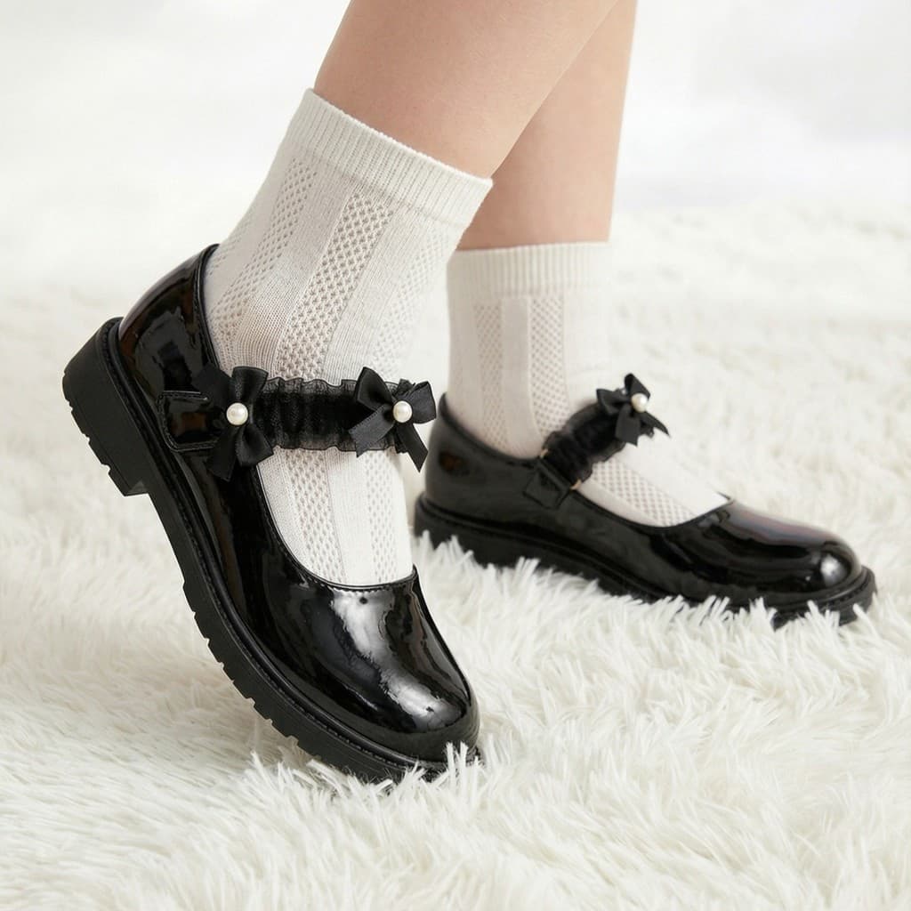 Gambar ke-6 produk Mecer Kids ARH B21- Sepatu Anak Perempuan Mary Jane Elegan – Putih Mutiara dengan Pita & Lace, Nyama