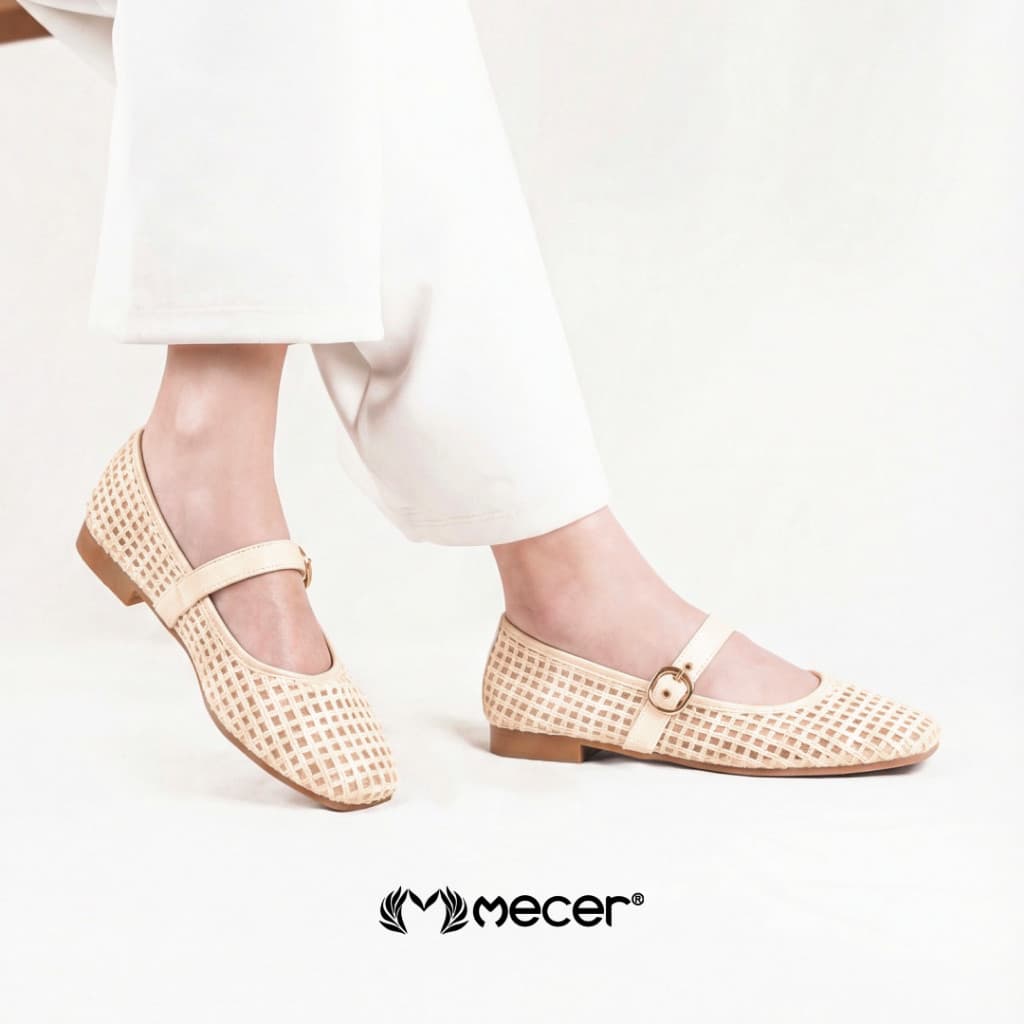 Thumbnail gambar ke-10 produk Mecer Core WWH 2217-A25 Krem, Putih Tulang dan Hitam Size 36-41, Flat Shoes Wanita Kekinian Pattern Anyam, Casual, Formal dan Infromal
