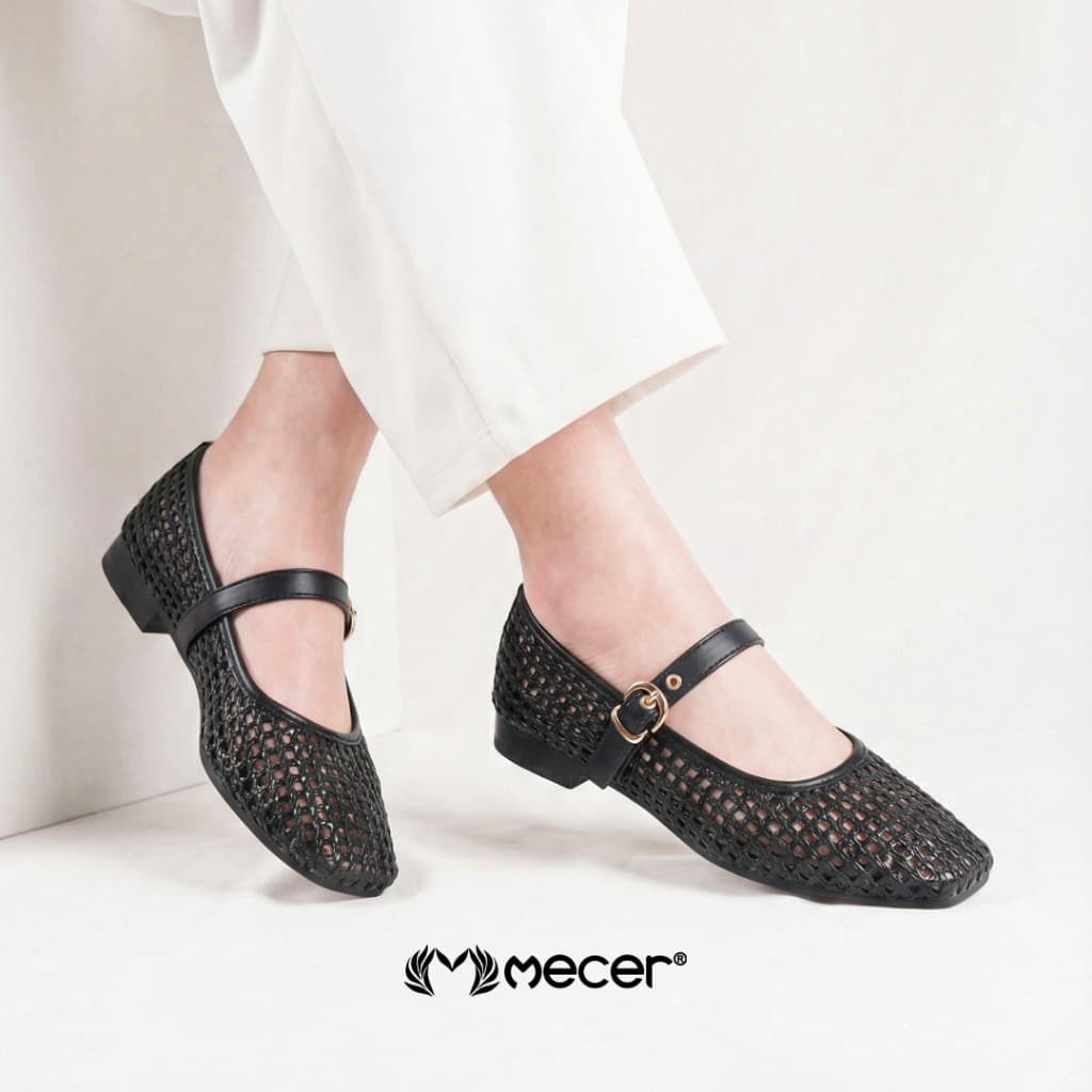 Gambar ke-9 produk Mecer Core WWH 2217-A25 Krem, Putih Tulang dan Hitam Size 36-41, Flat Shoes Wanita Kekinian Pattern Anyam, Casual, Formal dan Infromal