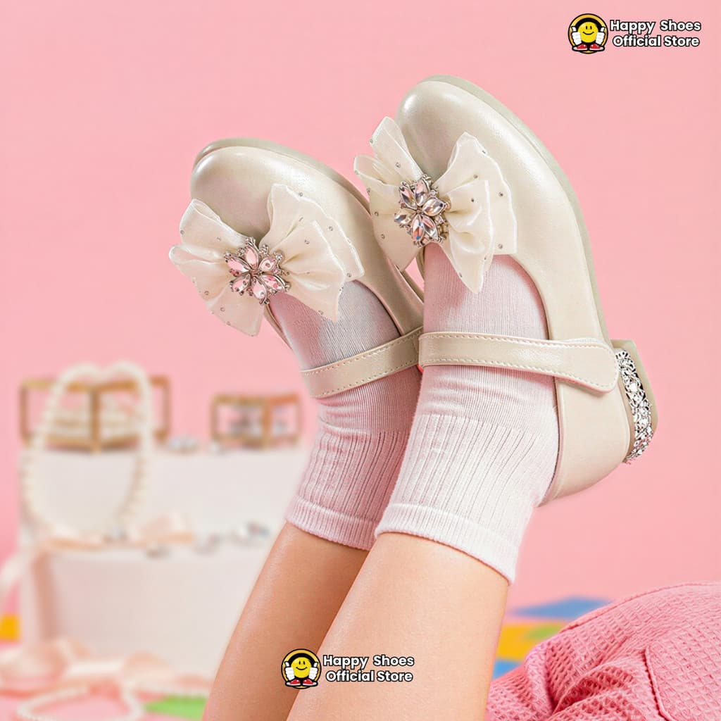 Thumbnail gambar ke-2 produk Mecer Kids ARHT 082 - Sepatu Anak Perempuan Mary Jane Elegan – Putih Mutiara dengan Pita & Lace, Nya