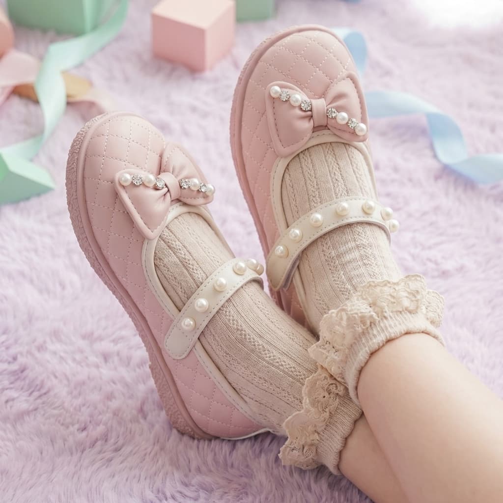 Gambar ke-1 produk Mecer Kids ARH 88533 - Sepatu Anak Perempuan Mary Jane Elegan – Putih Mutiara dengan Pita & Lace