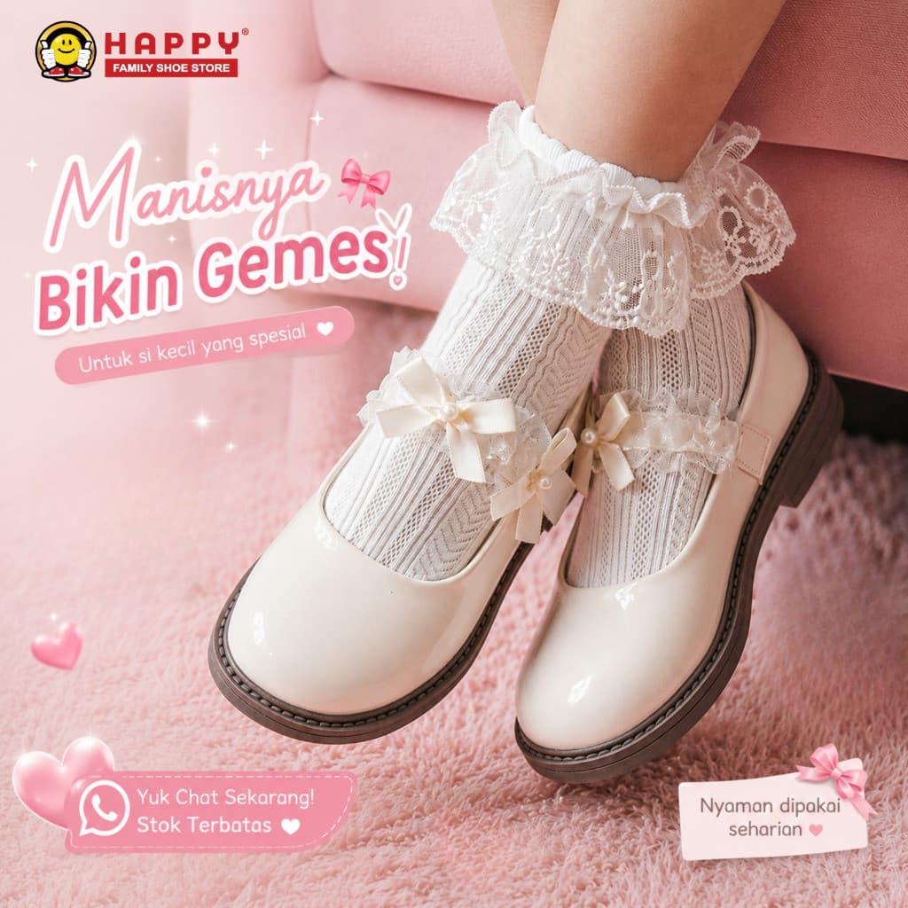 Gambar ke-7 produk Mecer Kids ARH B21- Sepatu Anak Perempuan Kekinian Lucu Elegan – Putih Mutiara dengan Pita & Lace