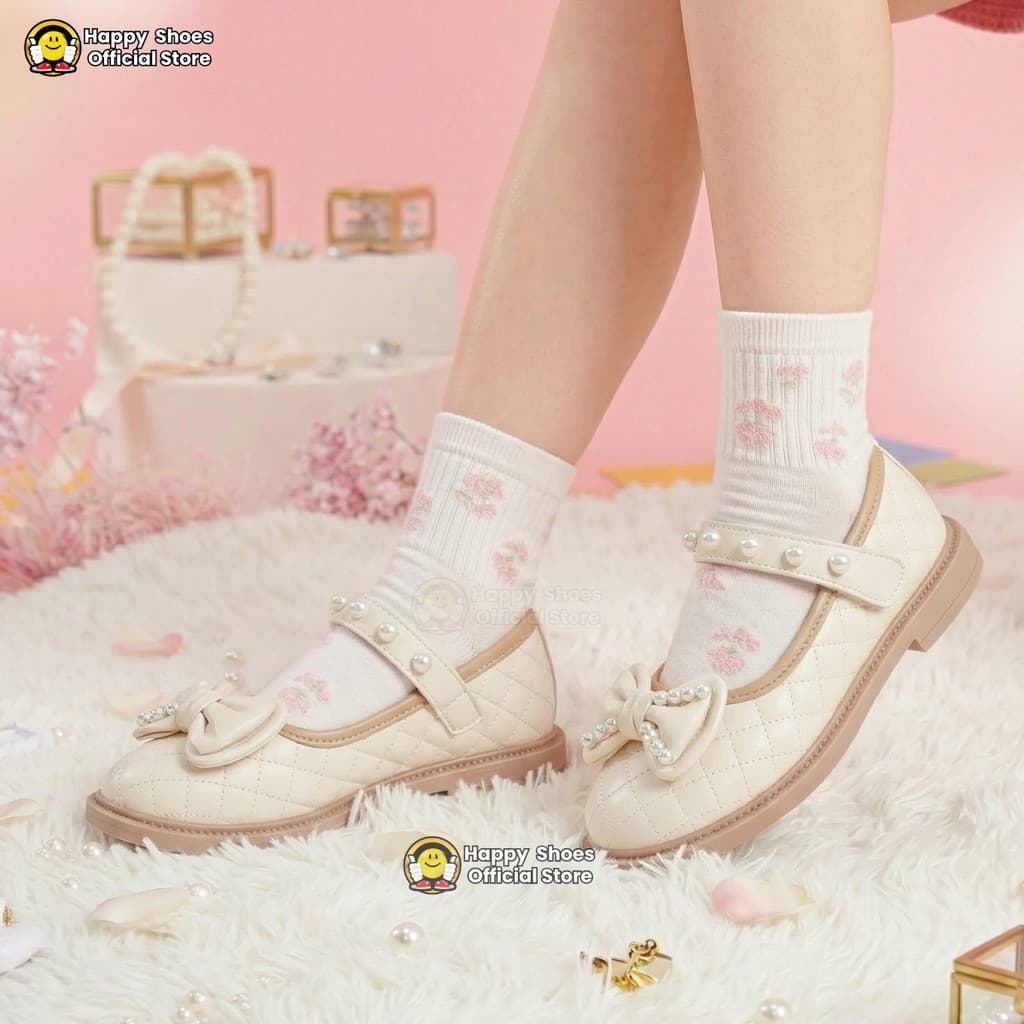 Gambar ke-1 produk Mecer Kids ARH 88533 - Sepatu Anak Perempuan Mary Jane Elegan – Putih Mutiara dengan Pita & Lace