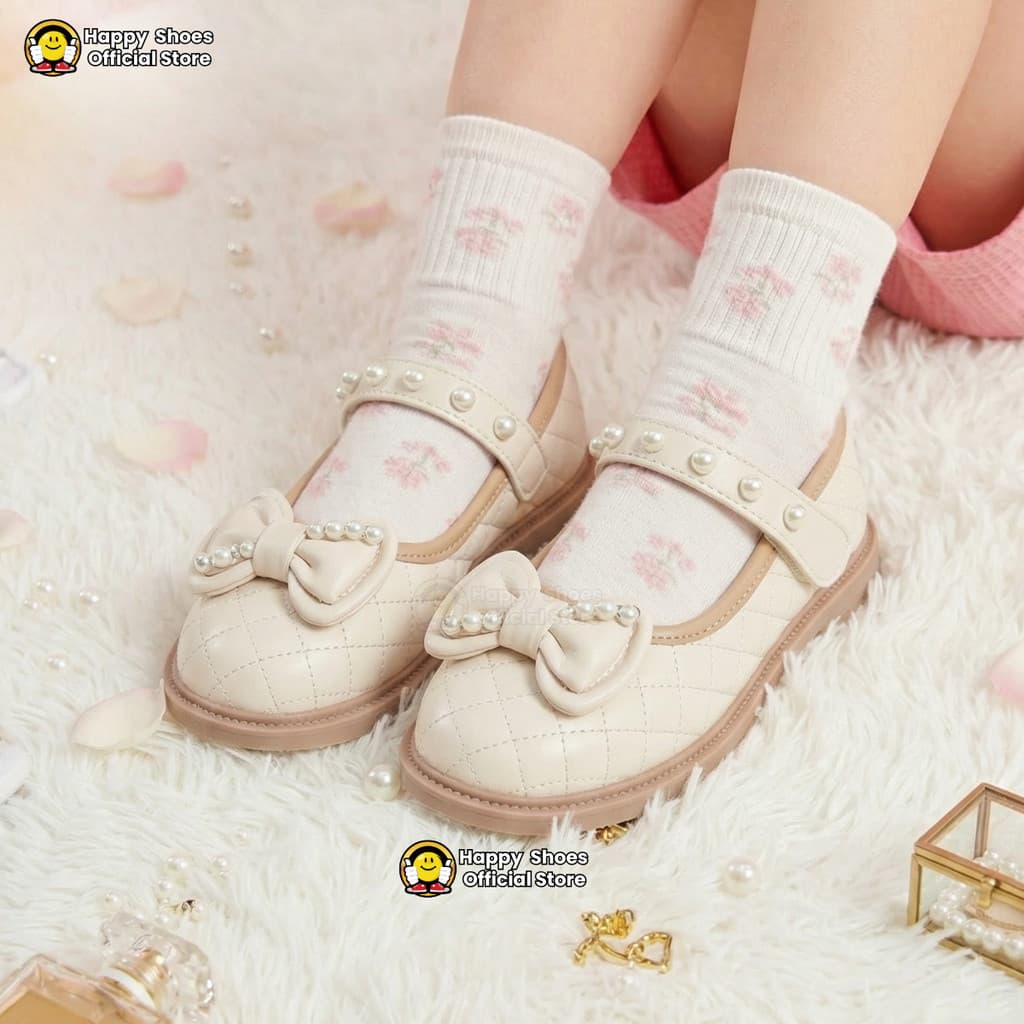 Gambar ke-1 produk Mecer Kids ARH 88533 - Sepatu Anak Perempuan Mary Jane Elegan – Putih Mutiara dengan Pita & Lace