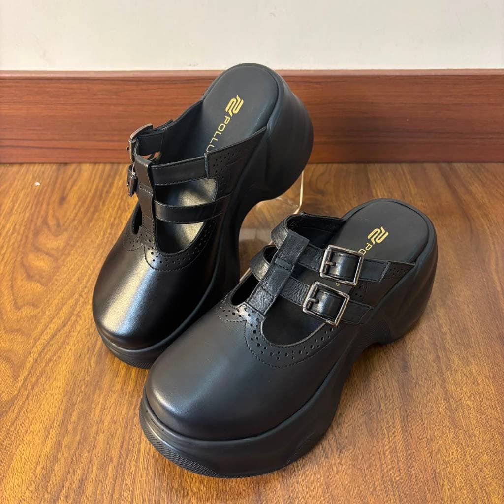 Thumbnail gambar ke-4 produk Pollux Bold WPODX 15 - Sandal Wedges Wanita Model Selop Bahan Kulit Asli Tinggi 8cm