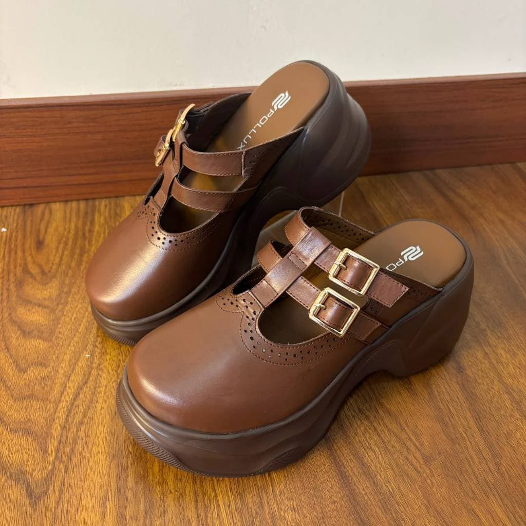 Thumbnail gambar ke-2 produk Pollux Bold WPODX 15 - Sandal Wedges Wanita Model Selop Bahan Kulit Asli Tinggi 8cm