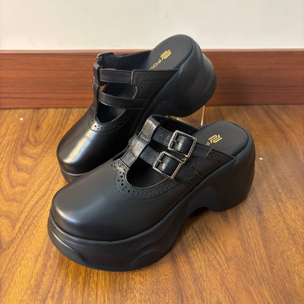 Gambar ke-8 produk Pollux Bold WPODX 15 - Sandal Wedges Wanita Model Selop Bahan Kulit Asli Tinggi 8cm