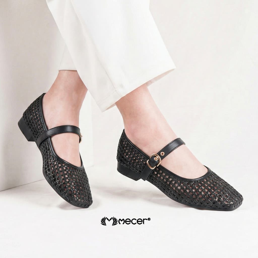Gambar ke-9 produk Mecer Core WWH 2217-A25 Krem, Putih Tulang dan Hitam Size 36-41, Flat Shoes Wanita Kekinian Pattern Anyam, Casual, Formal dan Infromal