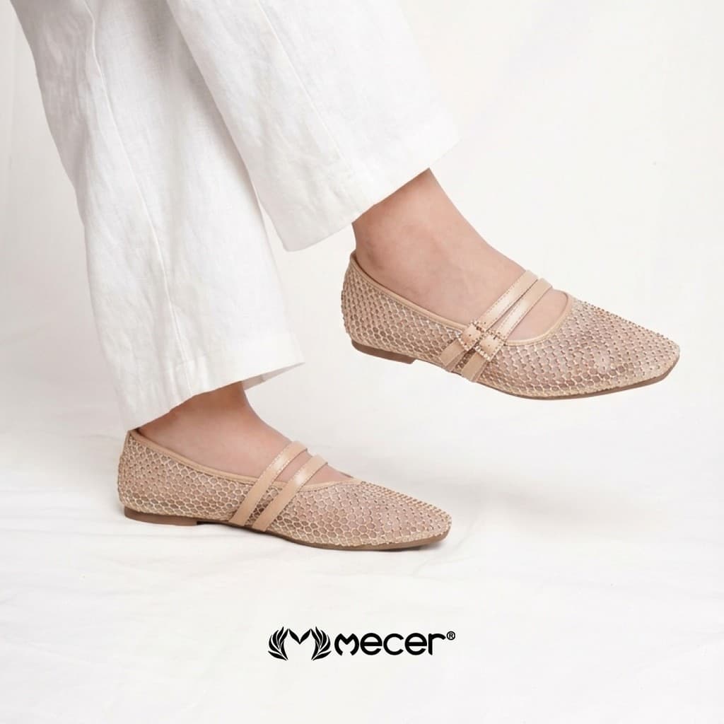 Gambar produk Mecer Core WAB 11884 Beige dan Hitam Size 36-41, Sepatu Flat Shoes Wanita Kekinian Blink-Blink Casual, Pesta dan Informal