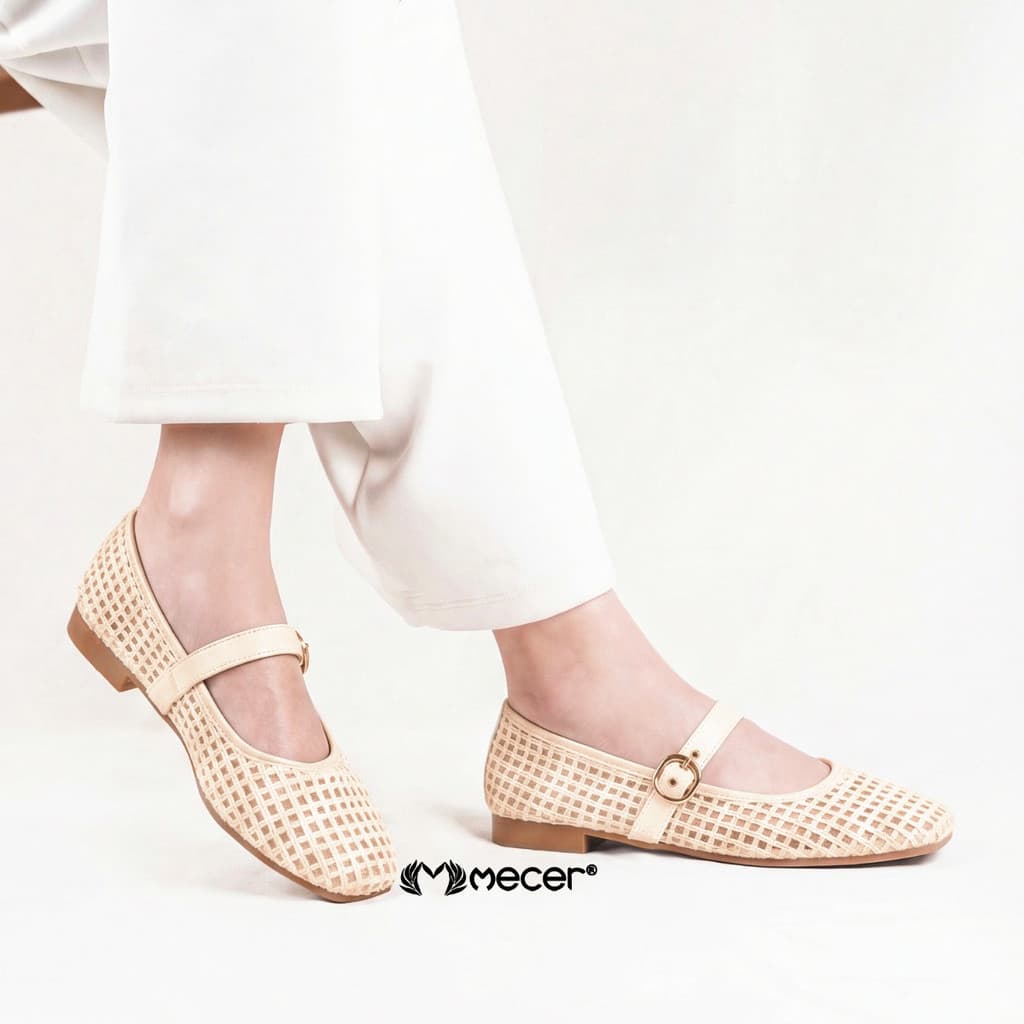 Thumbnail gambar ke-2 produk Mecer Core WWH 2217-A25 Krem, Putih Tulang dan Hitam Size 36-41, Flat Shoes Wanita Kekinian Pattern Anyam, Casual, Formal dan Infromal