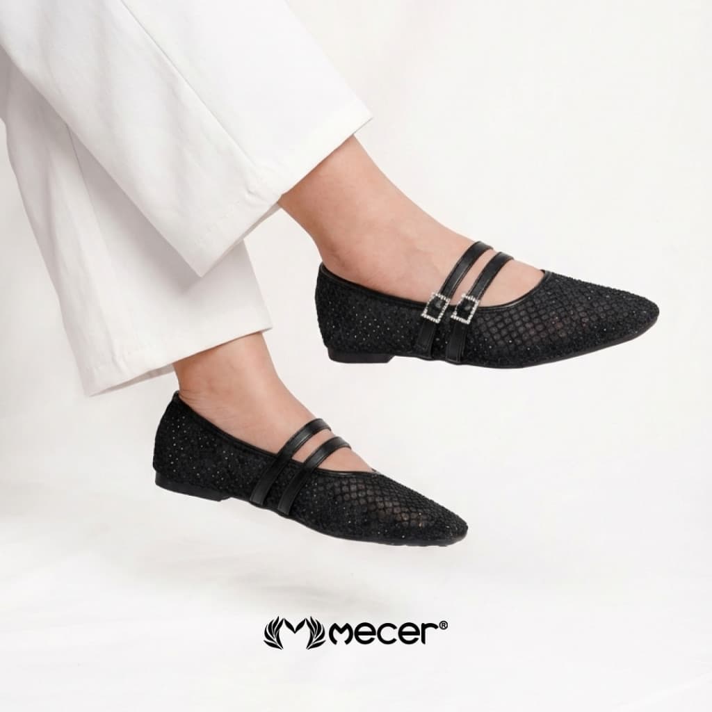 Gambar ke-8 produk Mecer Core WAB 11884 Beige dan Hitam Size 36-41, Sepatu Flat Shoes Wanita Kekinian Blink-Blink Casual, Pesta dan Informal