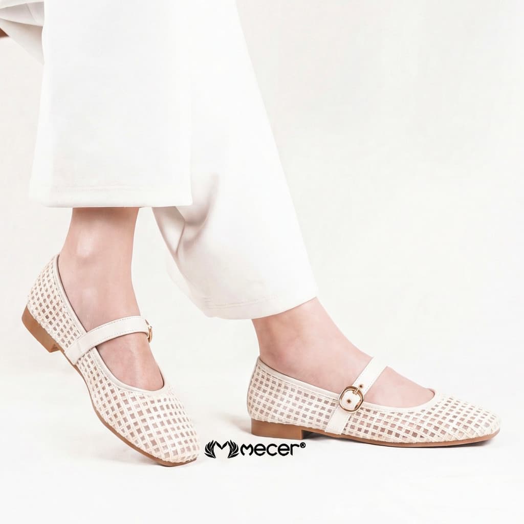 Thumbnail gambar ke-4 produk Mecer Core WWH 2217-A25 Krem, Putih Tulang dan Hitam Size 36-41, Flat Shoes Wanita Kekinian Pattern Anyam, Casual, Formal dan Infromal