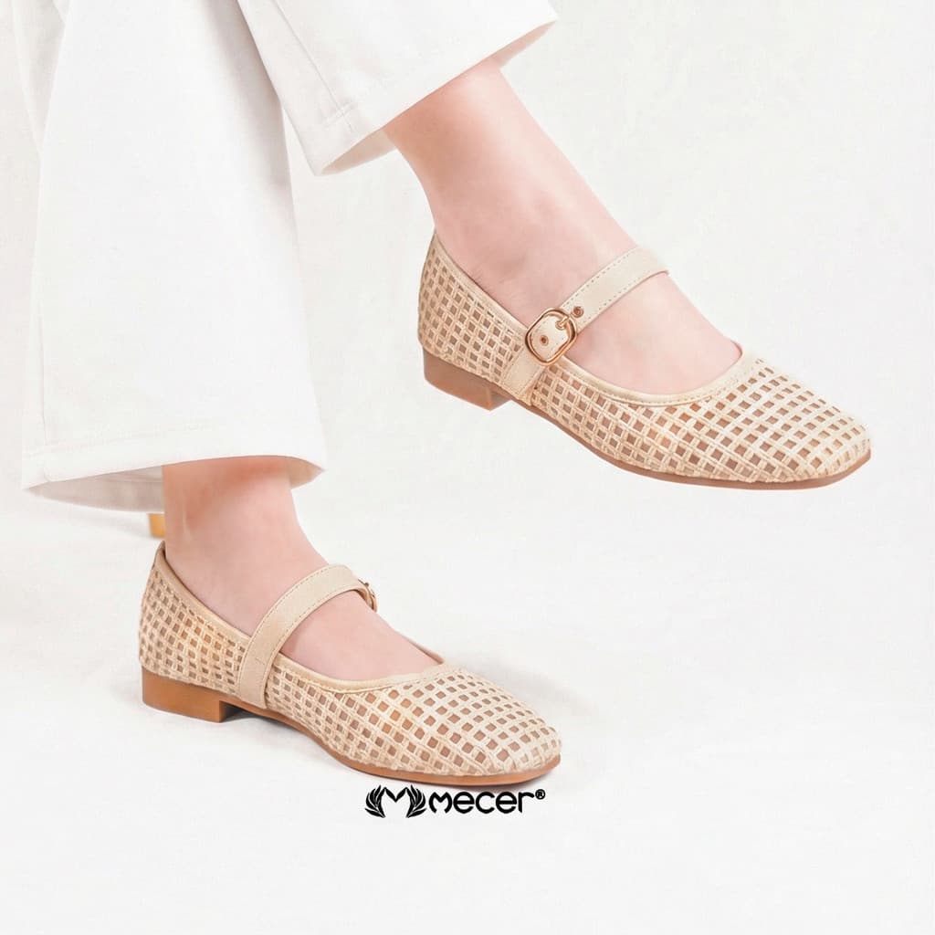 Gambar ke-9 produk Mecer Core WWH 2217-A25 Krem, Putih Tulang dan Hitam Size 36-41, Flat Shoes Wanita Kekinian Pattern Anyam, Casual, Formal dan Infromal