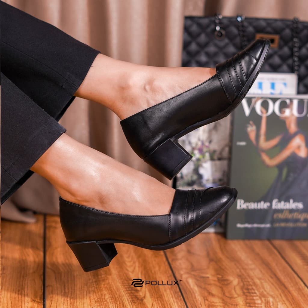 Thumbnail gambar ke-6 produk Pollux Monday WPOEN 52 - Sepatu Heels Wanita Pantofel Kerja Hitam Bahan Kulit Asli Tinggi Hak 5cm