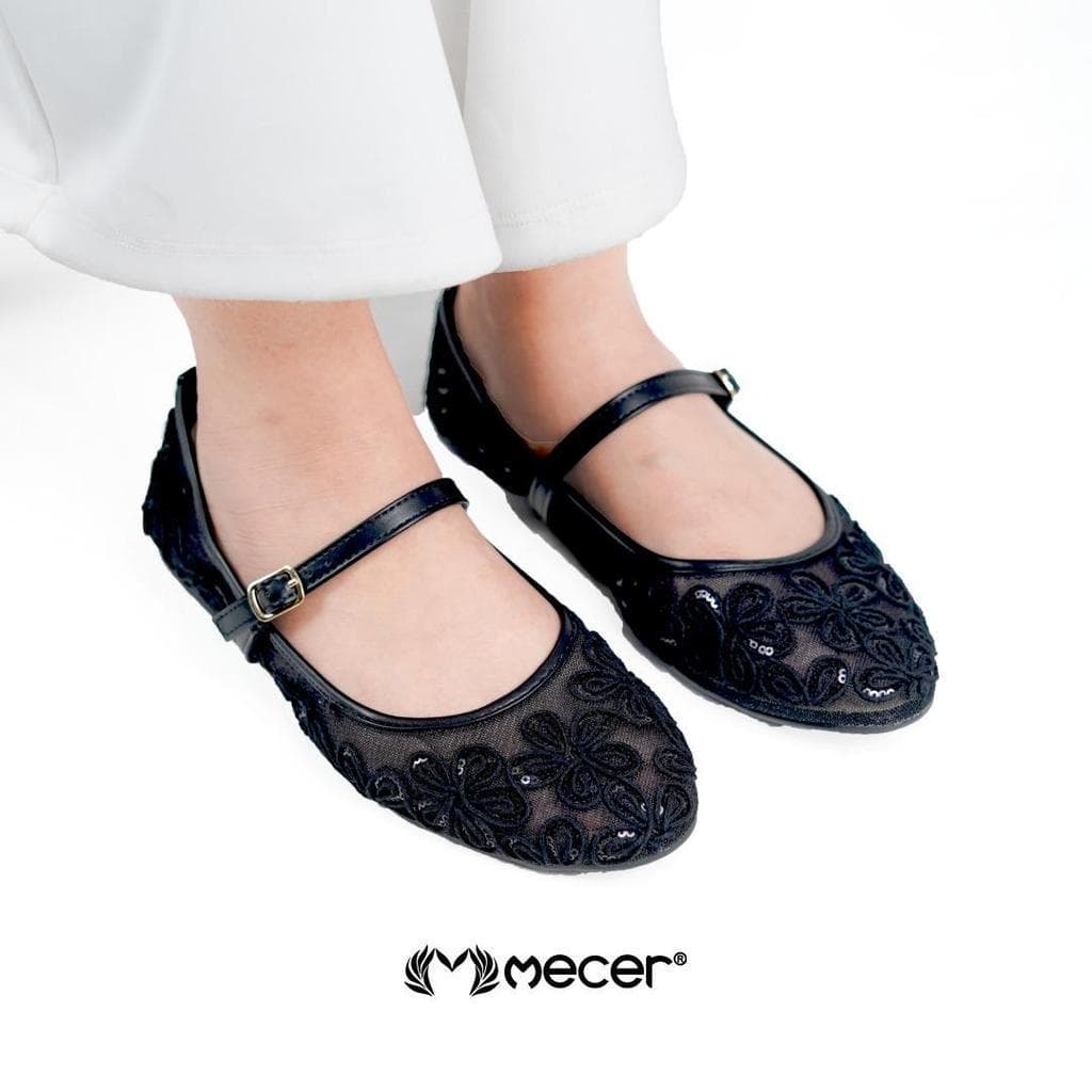 Thumbnail gambar ke-6 produk Mecer Core WWH 309710A Krem dan Hitam Size 36-41, Flat Shoes Wanita Kekinian Pattern Bunga, Casual dan Pesta