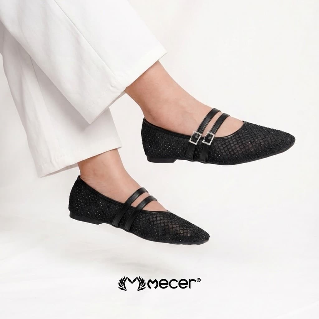 Gambar ke-8 produk Mecer Core WAB 11884 Beige dan Hitam Size 36-41, Sepatu Flat Shoes Wanita Kekinian Blink-Blink Casual, Pesta dan Informal